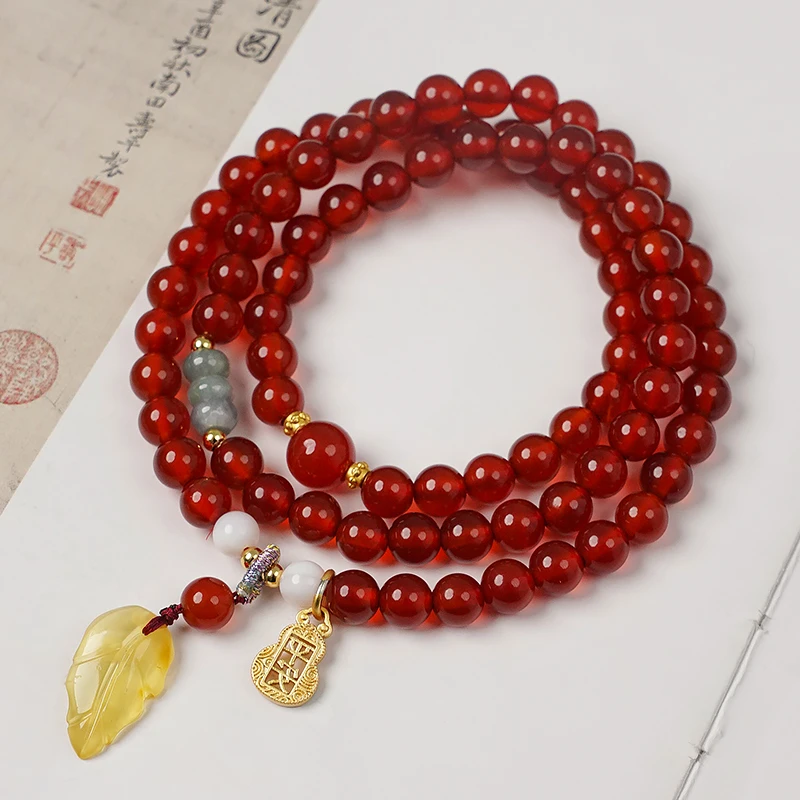 原创多圈本命年红玛瑙翡翠贝母蜜蜡手链-8815