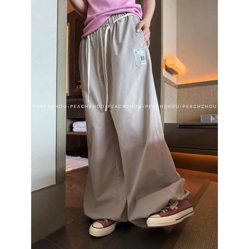 『PEACHZHOU』羊毛混纺标签抽绳宽松直筒休闲裤松紧腰松弛阔腿长裤
