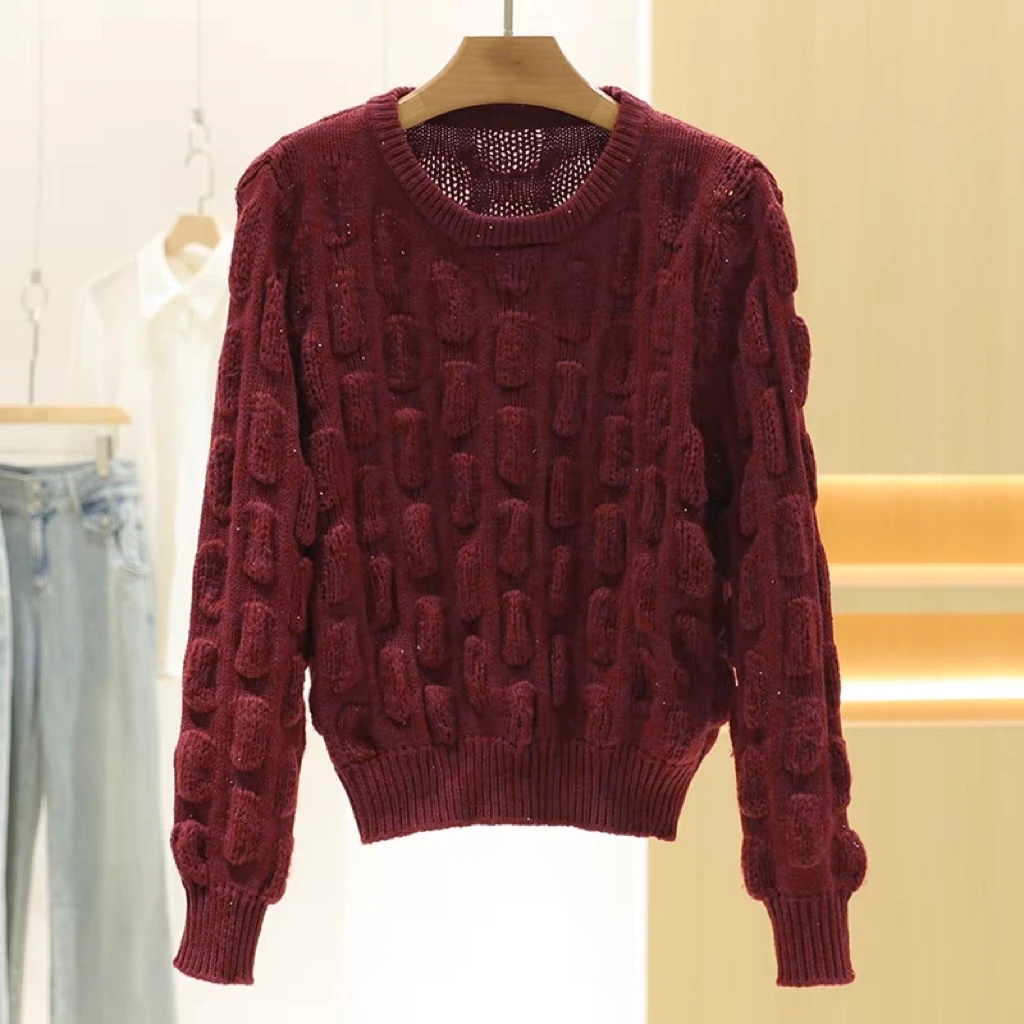 清-汤圆吖圆领亮片百搭休闲长袖微短暗红针织毛衣243088