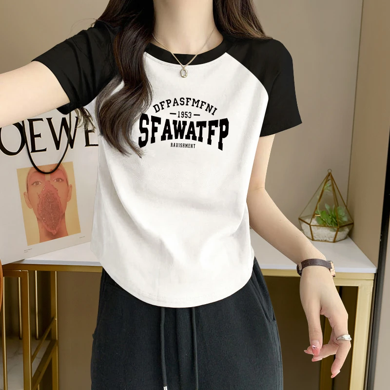 纯欲风辣妹修身显瘦短袖T恤女士夏季设计感圆弧下摆印花圆领上衣