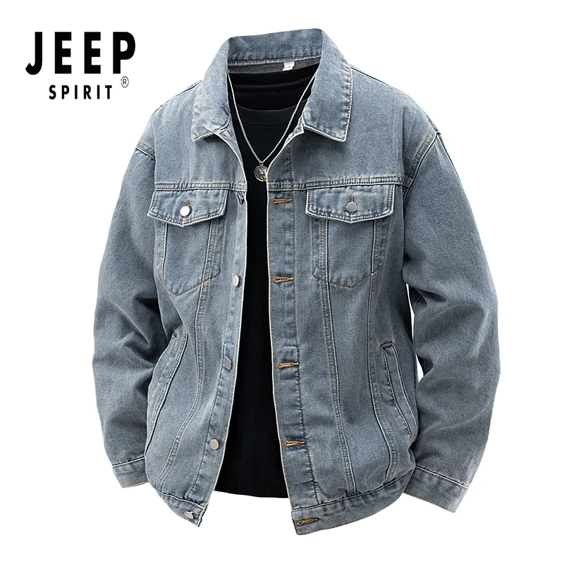 JEEPSPIRIT吉普牛仔夹克男士外套上衣春秋季复古宽松潮翻领水洗