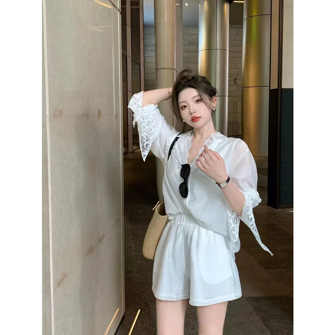 SZA【香浮花月】夏季新款高级感蕾丝衬衫+内搭背心+短裤套装A-936