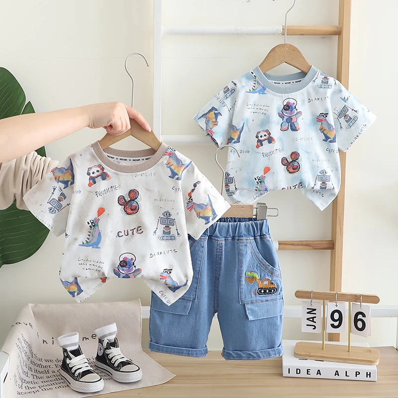 夏季卡通动漫休闲男童套装洋气小童薄款扎染短袖帅气牛仔短裤套装