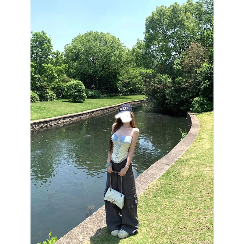 【海贝奏鸣】夏季新款纯欲蕾丝拼接网纱胸衣吊带配宽松工装裤两件套