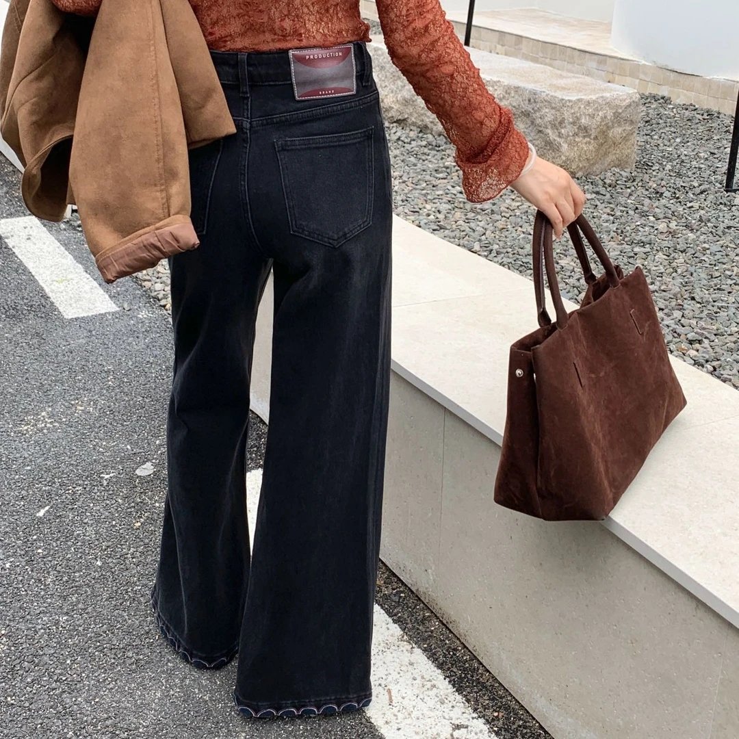 欧货XSC小松菜25855-1秋款大码牛仔直筒时髦洋气阔腿长裤女拖地裤