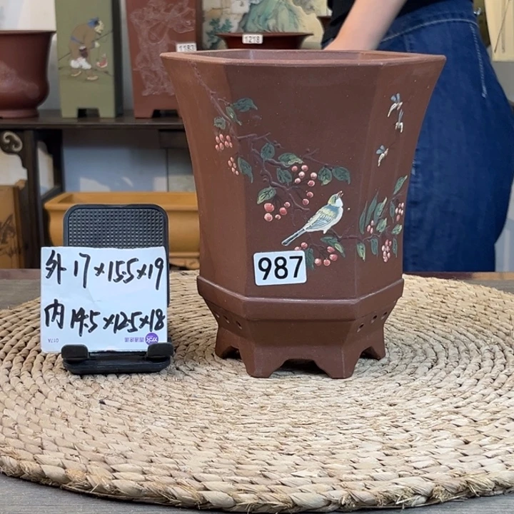 紫砂花盆 放漏特惠紫泥彩绘六方987