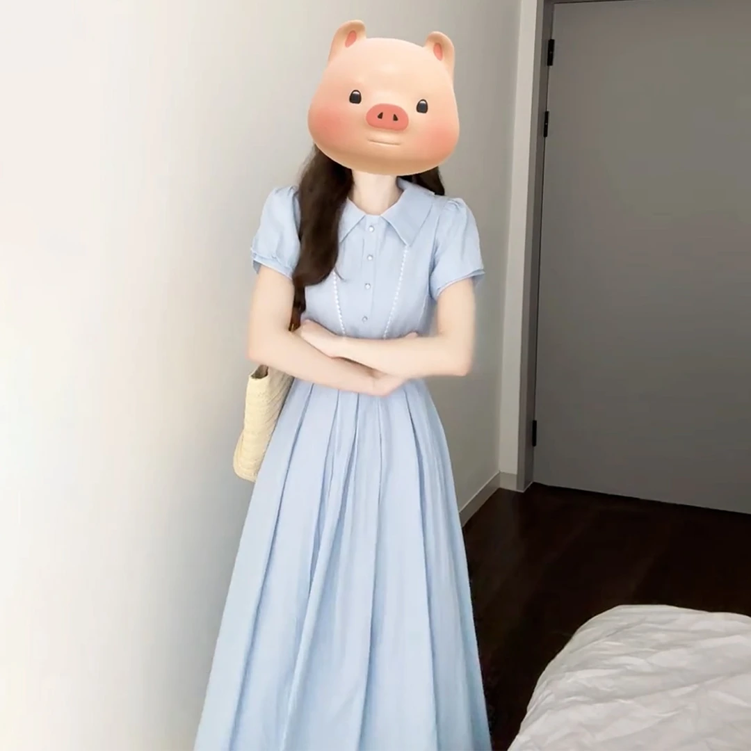 蓝色衬衫法式连衣裙子女夏季2025新爆款纯欲慵懒风女装学院风长裙