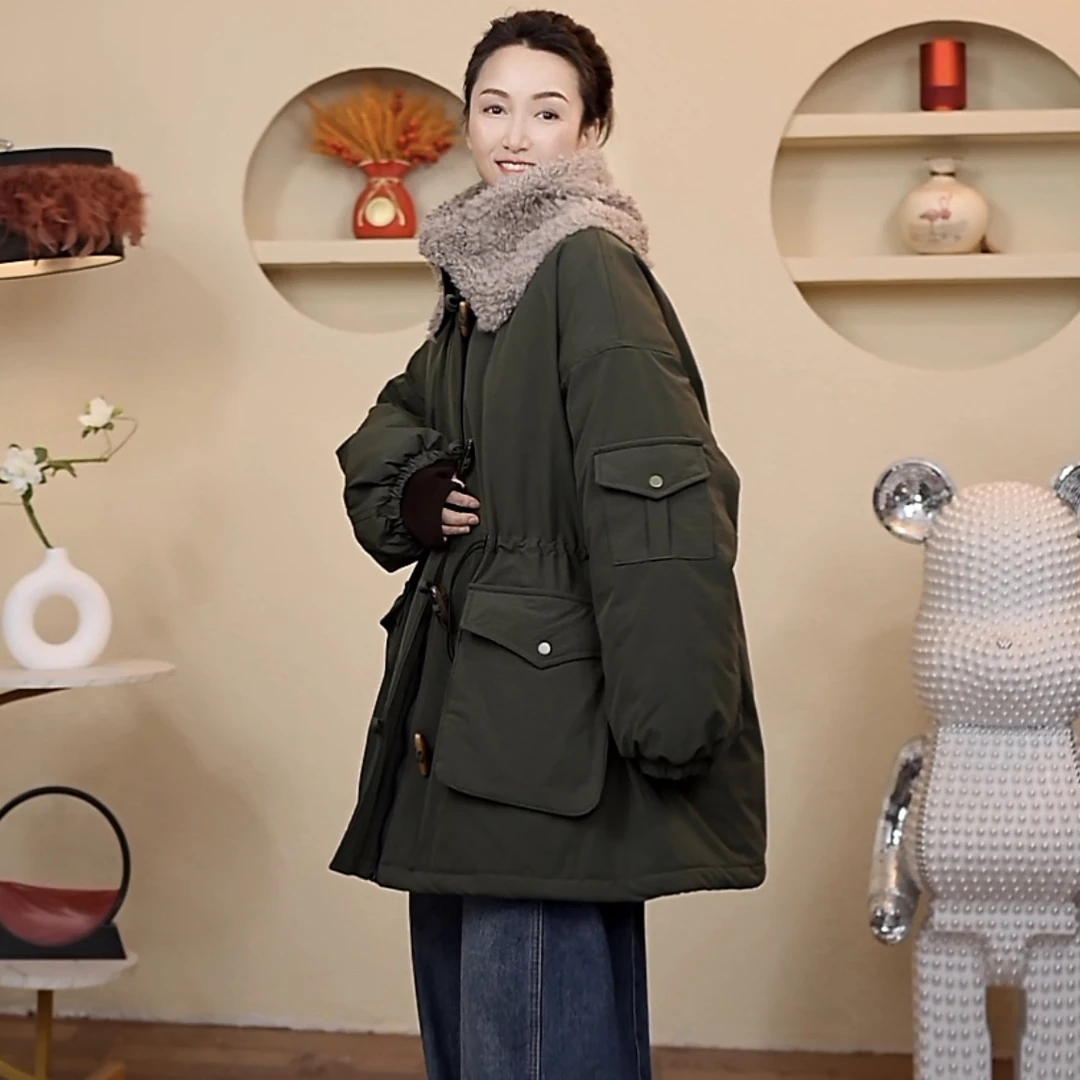 中长款大毛领派克服棉服外套女韩版加厚宽松大版秋冬休闲时尚棉衣