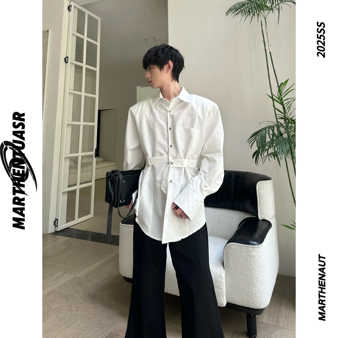 MARTHENAUT小众设计感原创收腰绑带衬衫垫肩宽松翻领纯色上衣