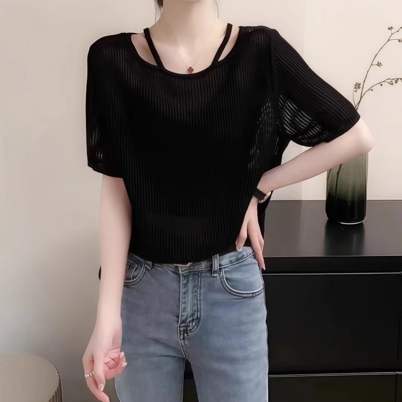 设计感小众挂脖镂空短袖针织衫女夏季新款别致百搭显瘦针织衫ins