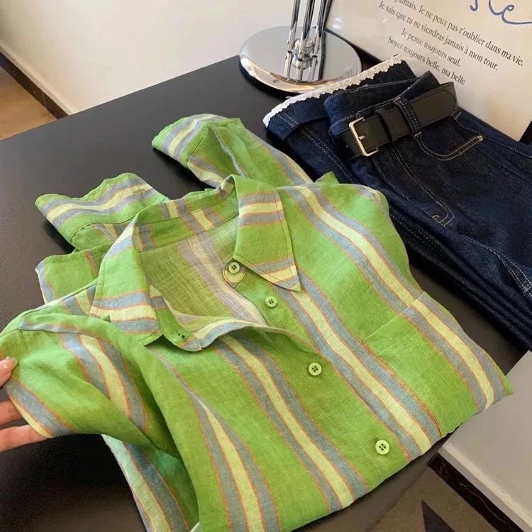 夏季设计感新款单排扣拼色条纹衬衫女慵懒风复古防晒韩版长袖上衣