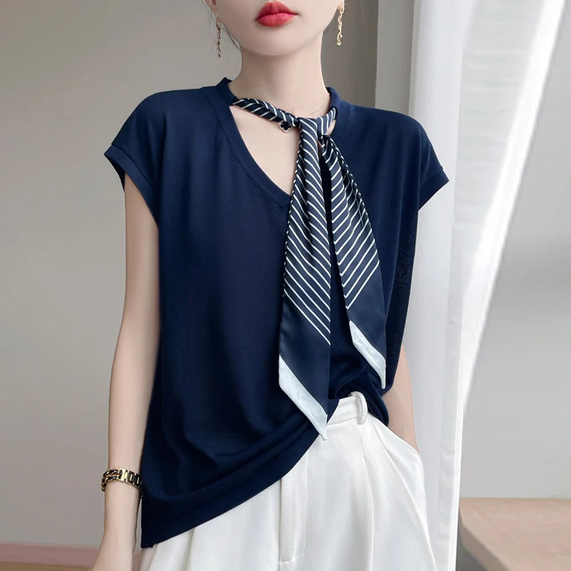 100%莱赛尔天丝~新夏季显瘦不规则t恤针织衫小众短袖女美式V领带
