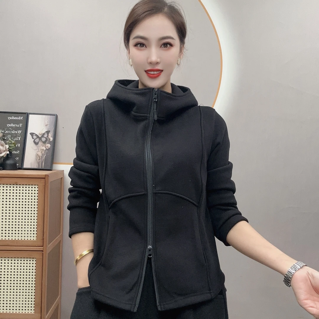 鑫亚优选-秋冬女款双拉链连帽加绒加厚卫衣25291