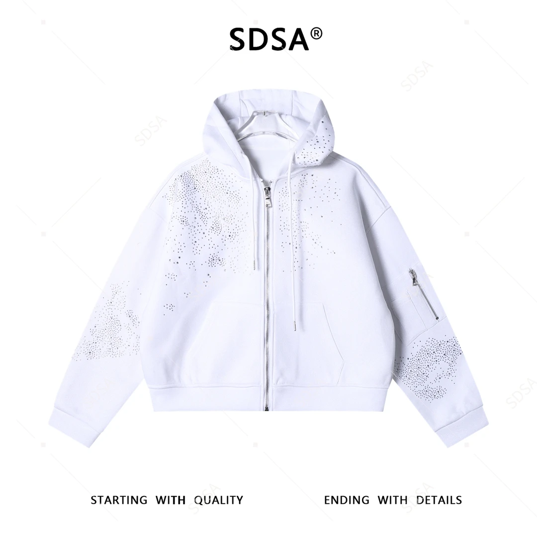 SDSA秋冬新款痞帅男装韩版简约纯色烫钻抽绳拉链连帽卫衣百搭时尚