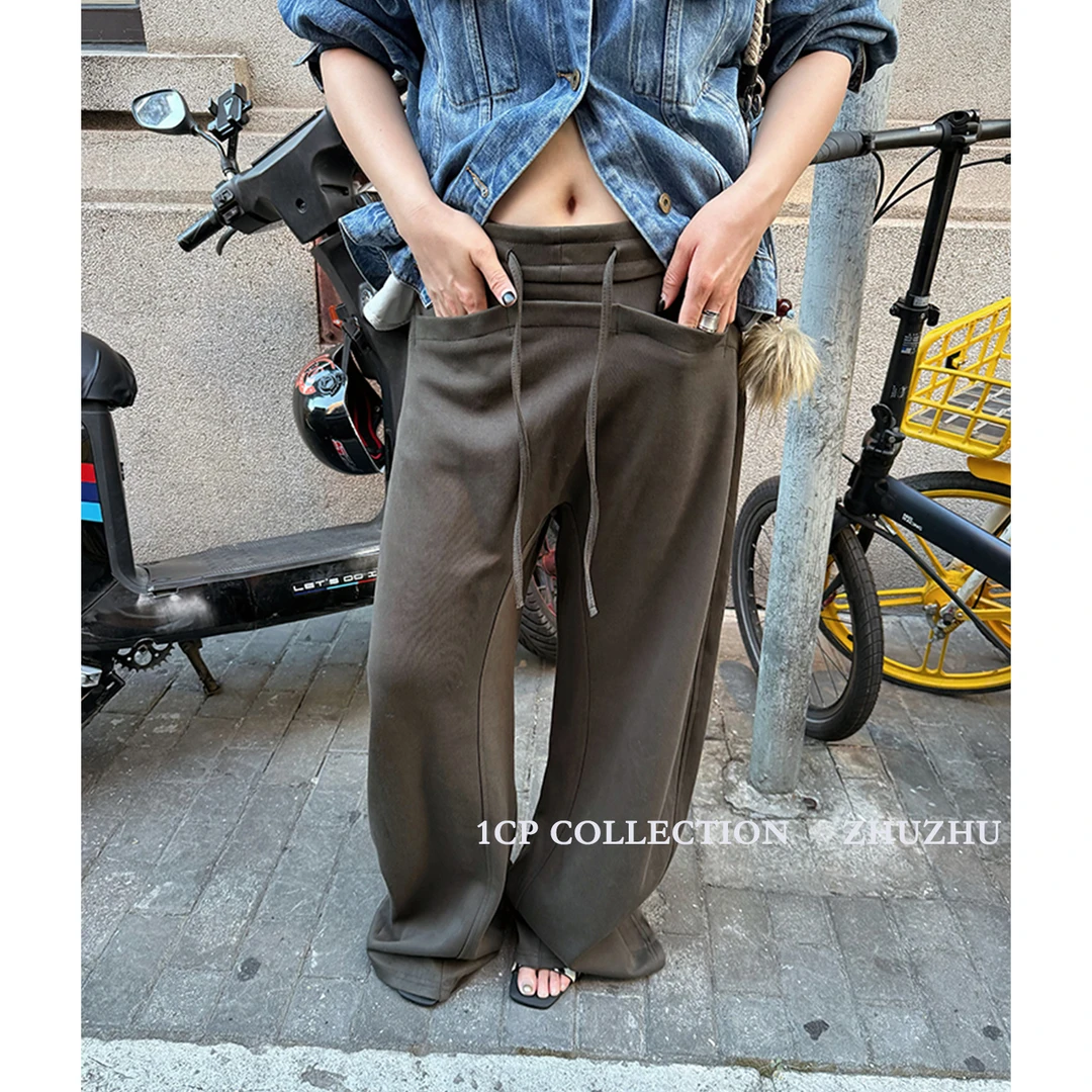 1CP 绿色松紧腰口袋卫裤女2025秋季新款黑色显瘦百搭休闲博主长裤