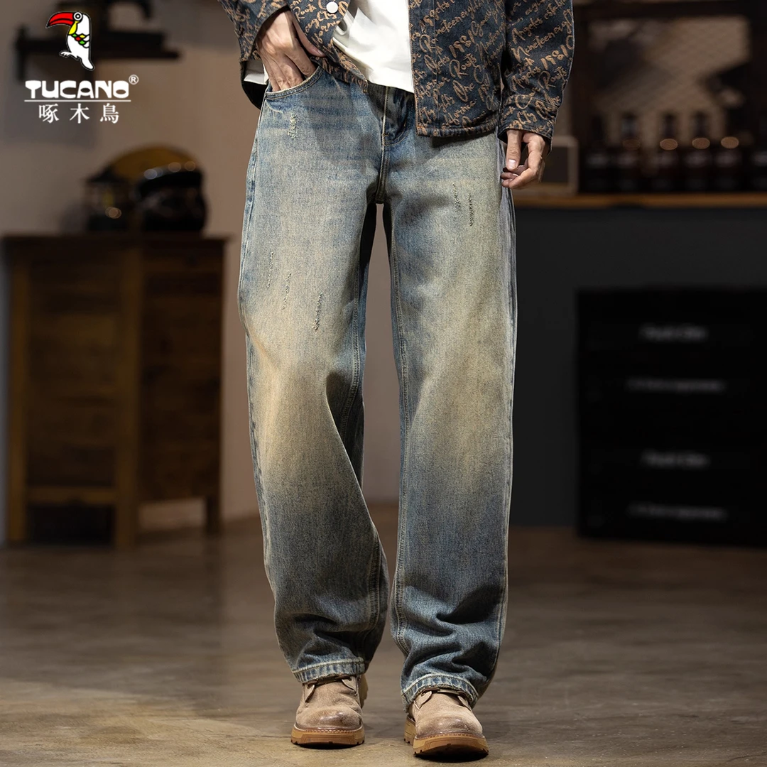 啄木鸟雷茨美式复古水洗牛仔裤秋冬垂感微宽松直筒潮牌做旧阔腿裤