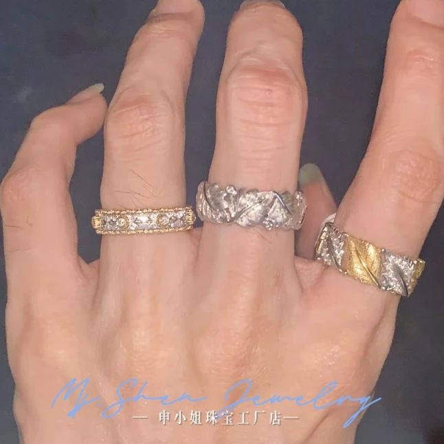 【申小姐】18K金天然钻石戒指月桂叶拉丝雕金复古