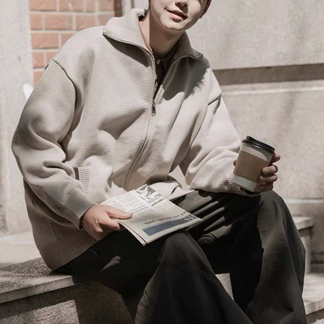 国潮潮牌纯色针织开衫外套男女纯色简约百搭毛衣-3MY652