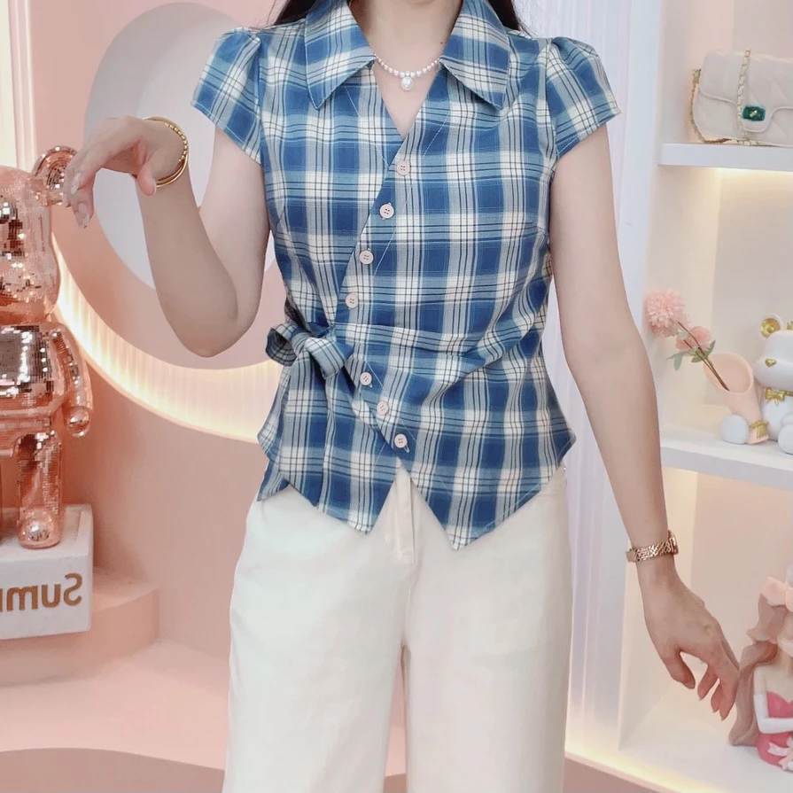 简约洋气格子短袖衬衫女2025夏季新款显瘦系带纽扣气质上衣657