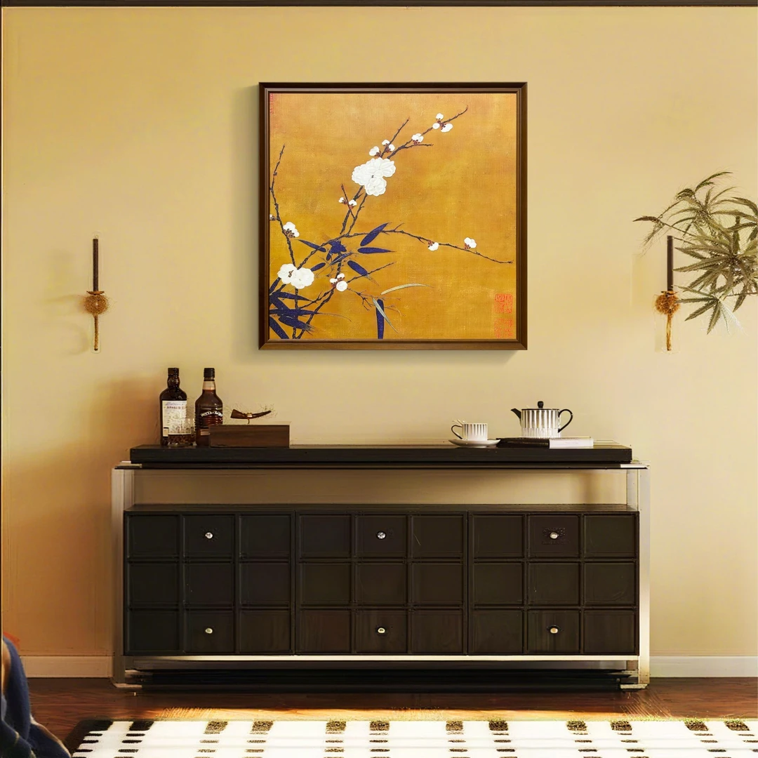 中古风客厅玄关装饰画复古餐厅卧室挂画绿色立体艺术壁画冬日梅花