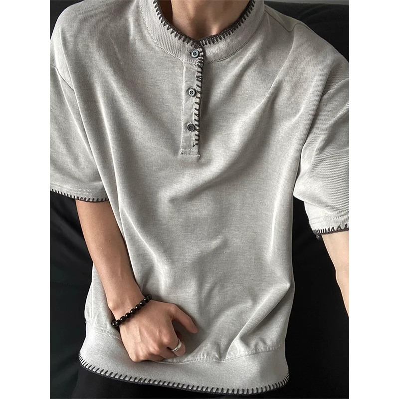 美式复古手缝亨利领短袖男夏季老钱风正肩T恤设计感小众轻熟上衣