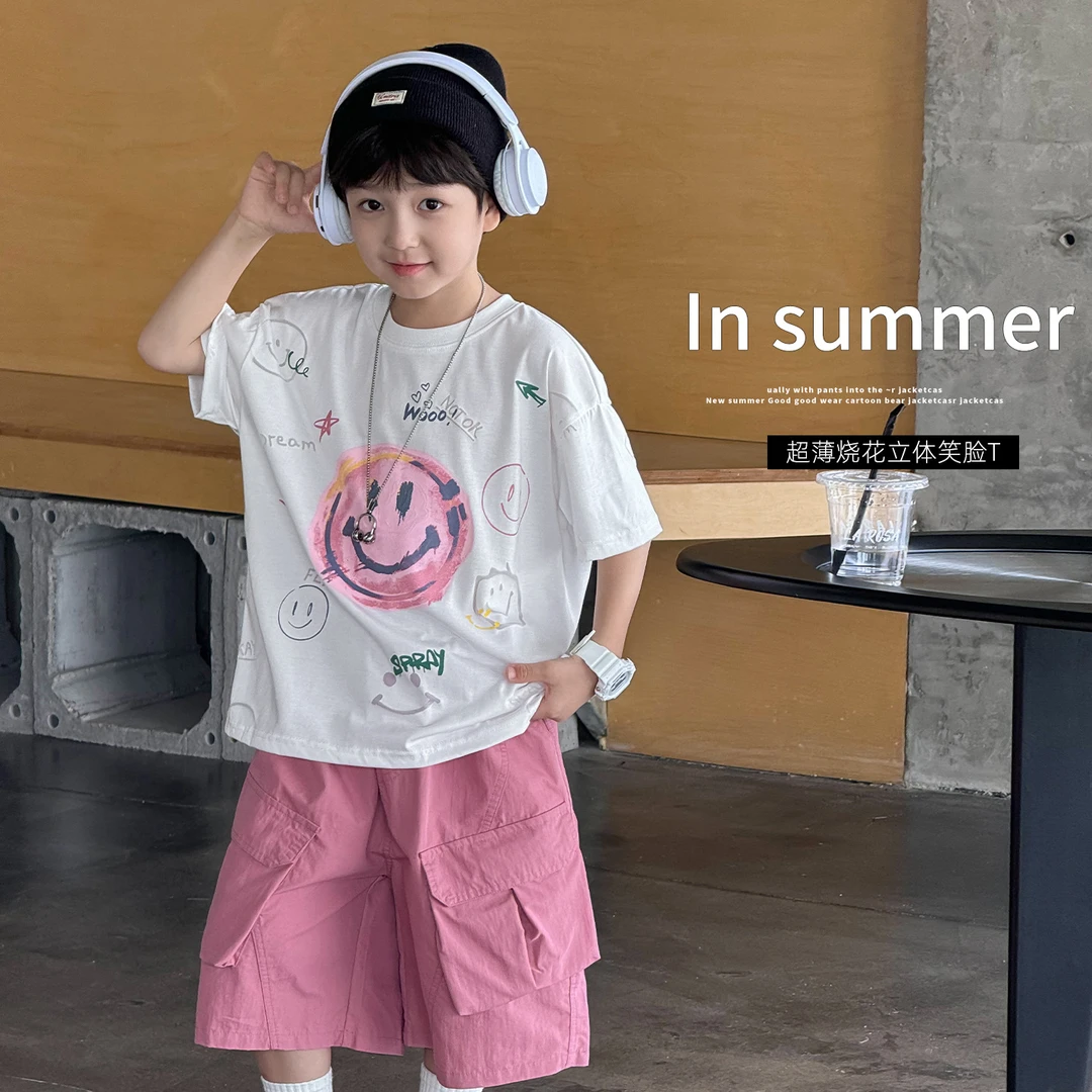 AX5142棉小班男童夏季宽松中大童韩版百搭休闲洋气笑脸短袖T