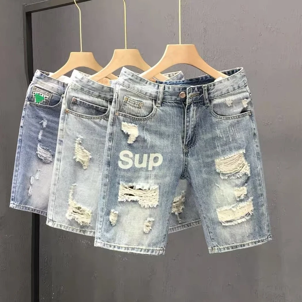 破洞牛仔短裤男2025夏季薄款修身五分裤怀旧时尚个性男士休闲裤子