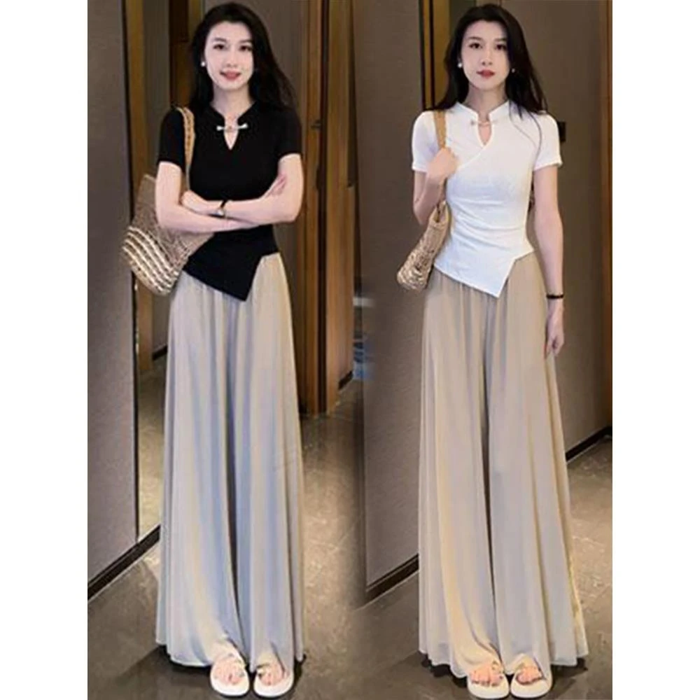 中式时尚套装女2024夏季新款洋气显瘦短袖T恤阔腿裤两件流行女装