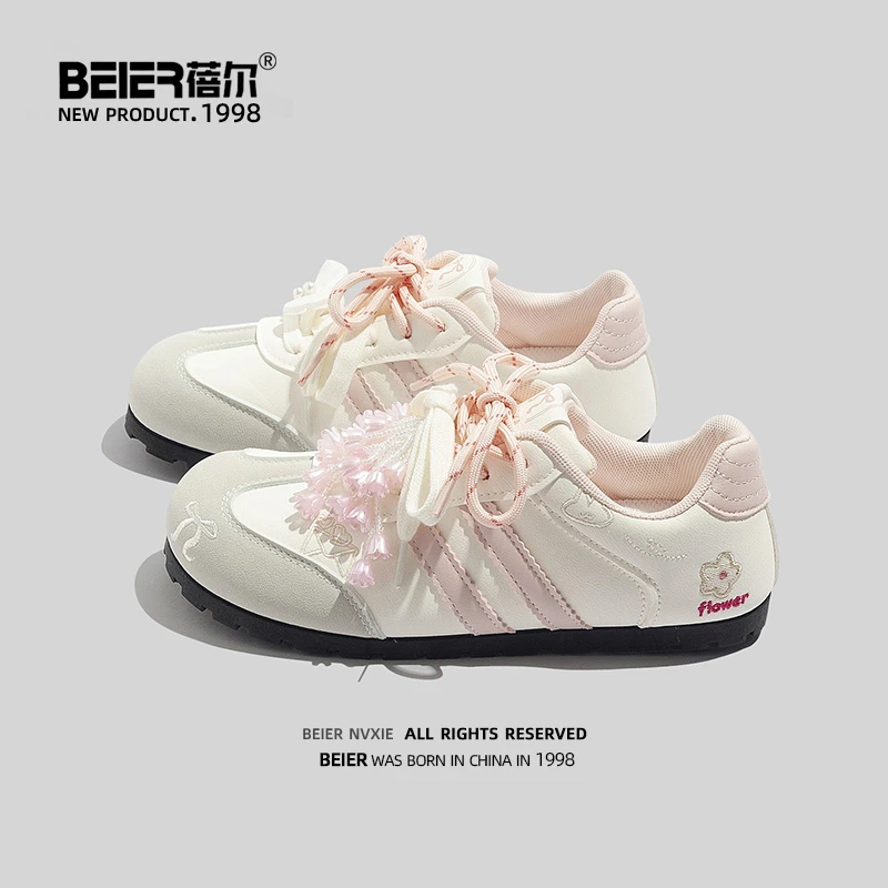 蓓尔可爱风刺绣德训鞋女鞋2025秋季新款红色鞋子运动休闲鞋3663