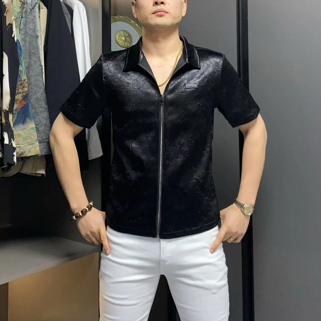 2025夏季新款男士修身时尚潮流翻领轻奢拉链半袖短袖衬衫衬衣5095