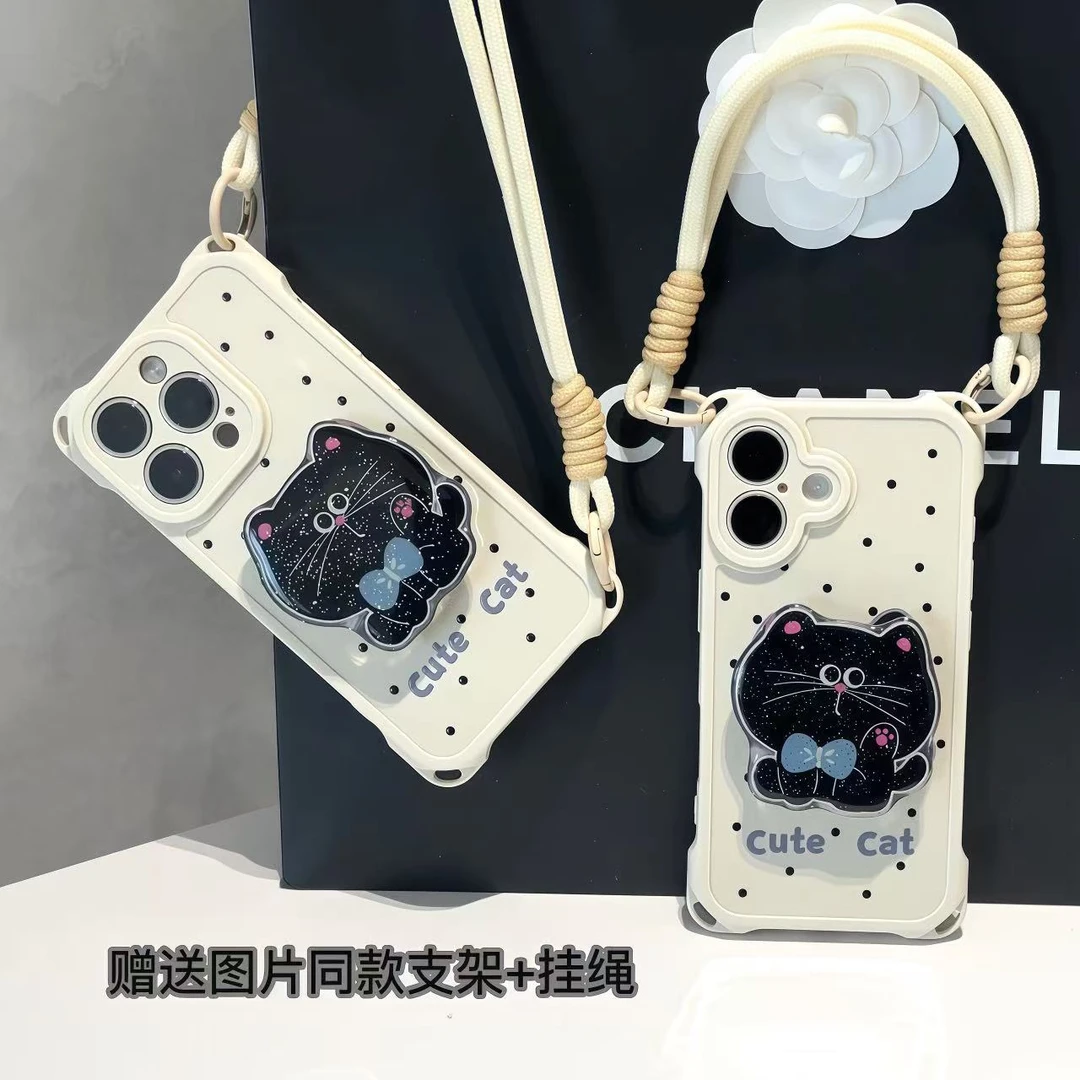 可爱大脸黑猫支架挂绳适用iPhone苹果16手机壳华为vivo小米15oppo