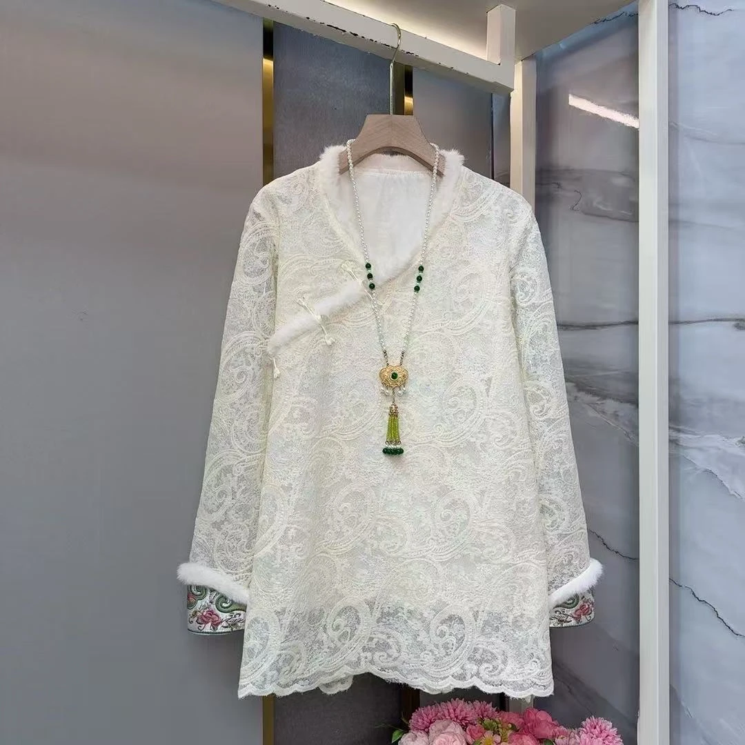 大码女装冬季新款盘扣镂空打底遮肉宽松气质时尚衬衫新中式遮肚子