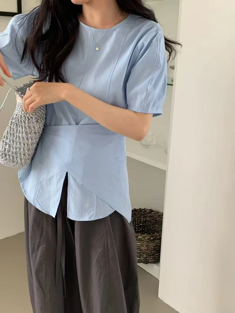 小众腰封泡泡袖遮肩小衫
