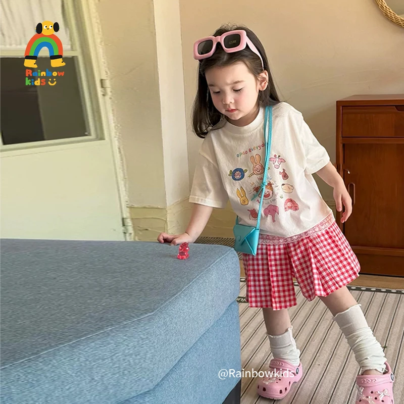 【彩虹家】2025夏装短袖拼接蕾丝边红色格子裙套装-88147