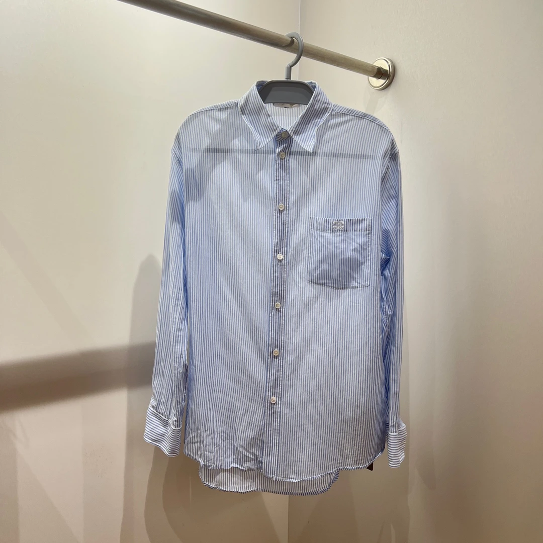 99新 Celine/思琳 tem183 25SS条纹凯旋门小logo长袖衬衫 34码 棉