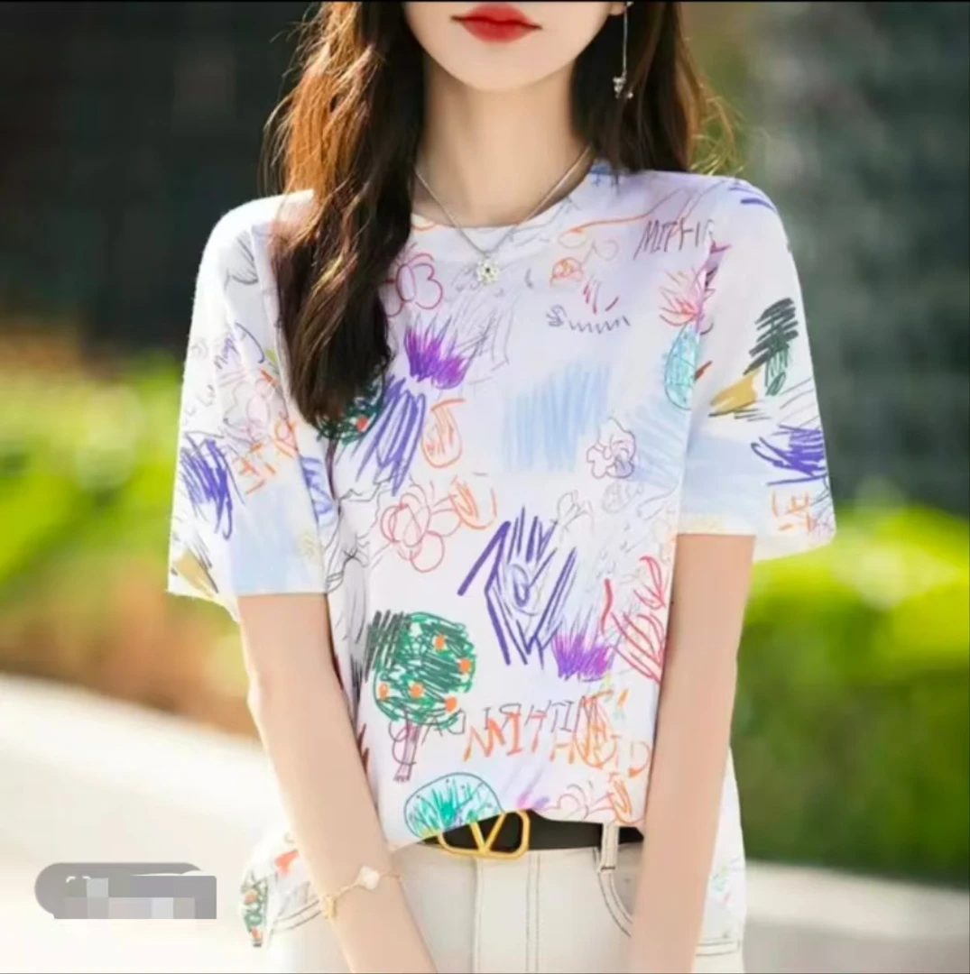夏季薄款桑蚕丝精纺羊毛圆领印花短袖针织衫T恤女宽松版