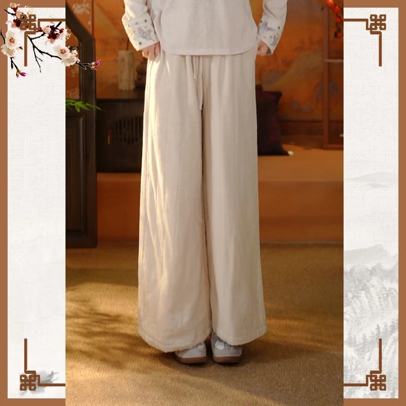 【雅素】冬季夹棉松紧高腰宽松直筒阔腿裤新中式抽绳竖条休闲长裤