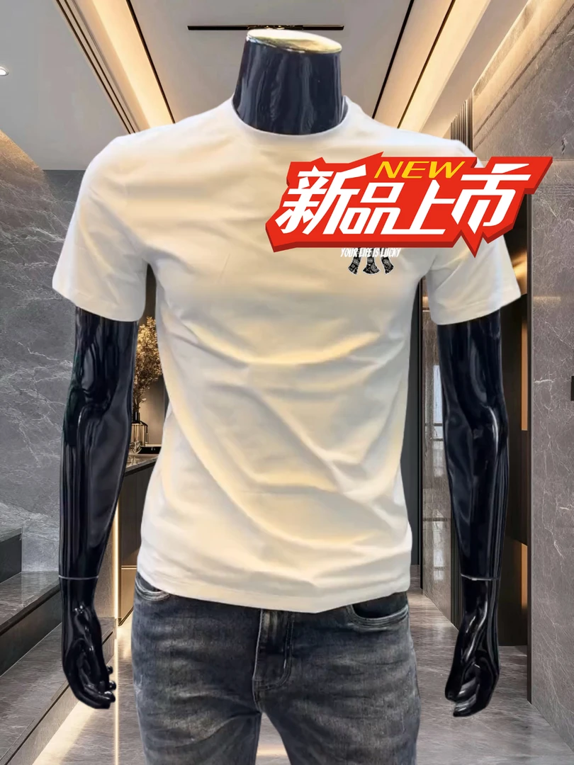 2025欧洲站夏季新款男士修身休闲纯棉短袖圆领百搭字母上衣半截袖