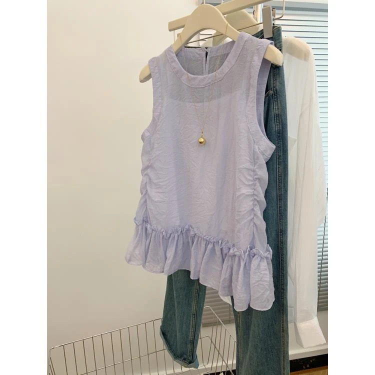 法式紫色坎肩无袖衬衫气质女士设计感独特漂亮初夏薄上衣2025新款