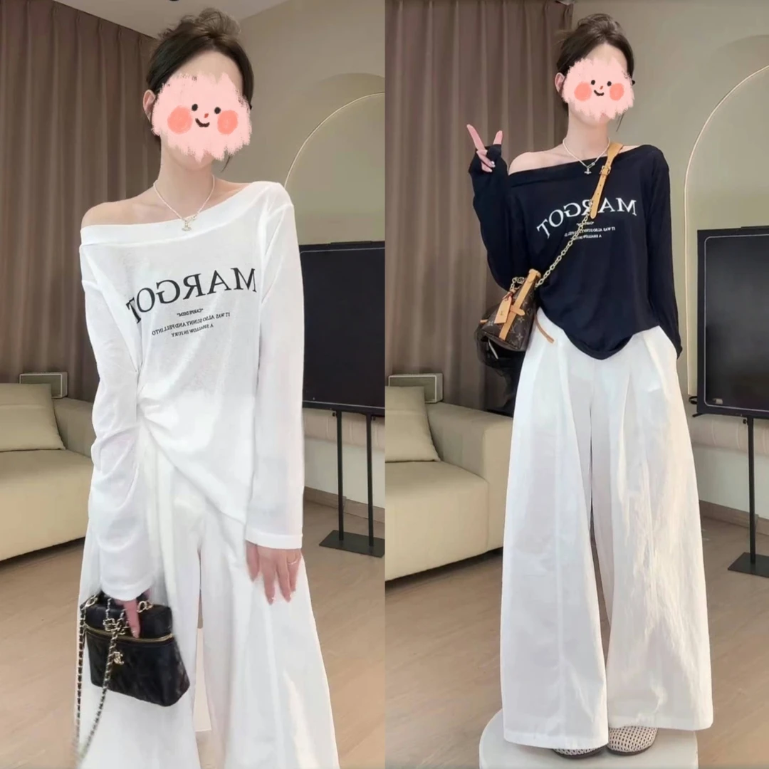 2025夏季韩系百搭宽松简约斜肩防晒T时尚百搭宽松直筒阔腿裤套装