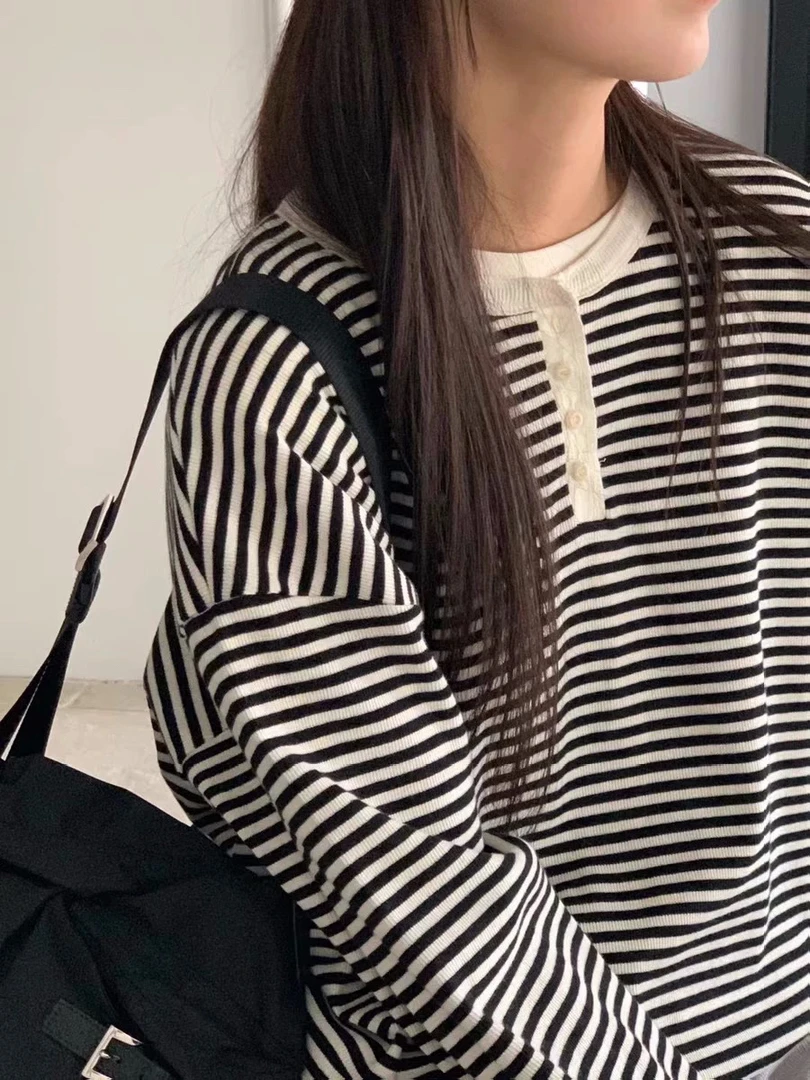 现~baking powder韩国东大门代购女2025春季洋气经典条纹套头卫衣