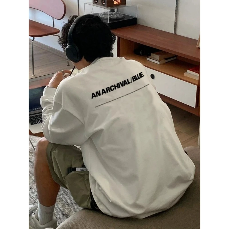 280g重磅纯棉螺口长袖T恤男设计感印花宽松小众复古休闲美式高街