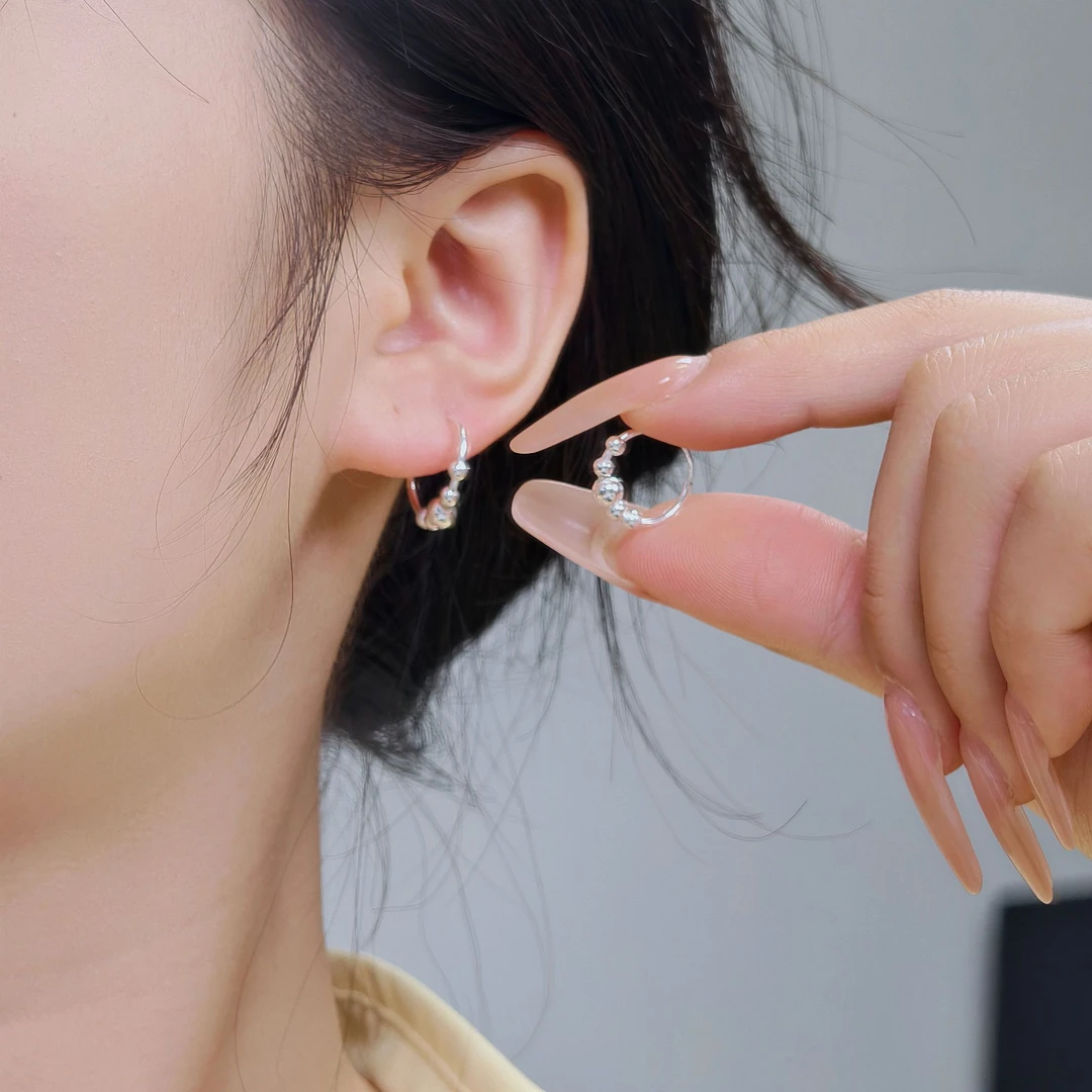 足银耳饰 足银990珠珠耳圈百搭休闲养耳洞个性简约