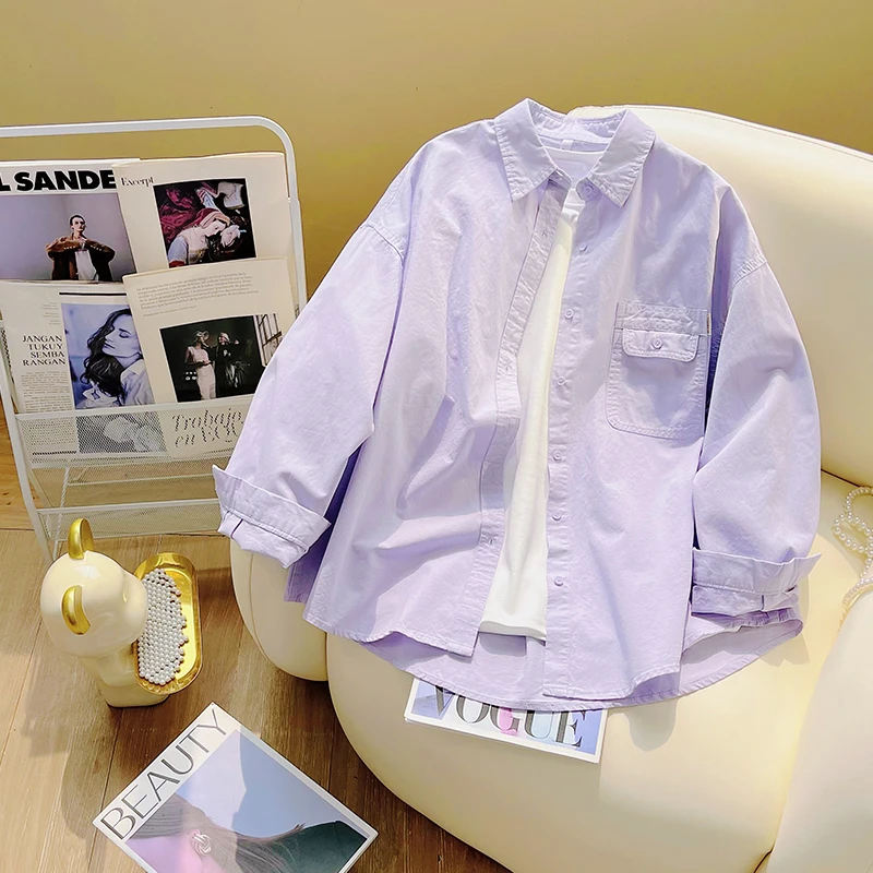 香芋紫韩版小个子女款长袖衬衫女春季新款学院风洋气纯色休闲外套