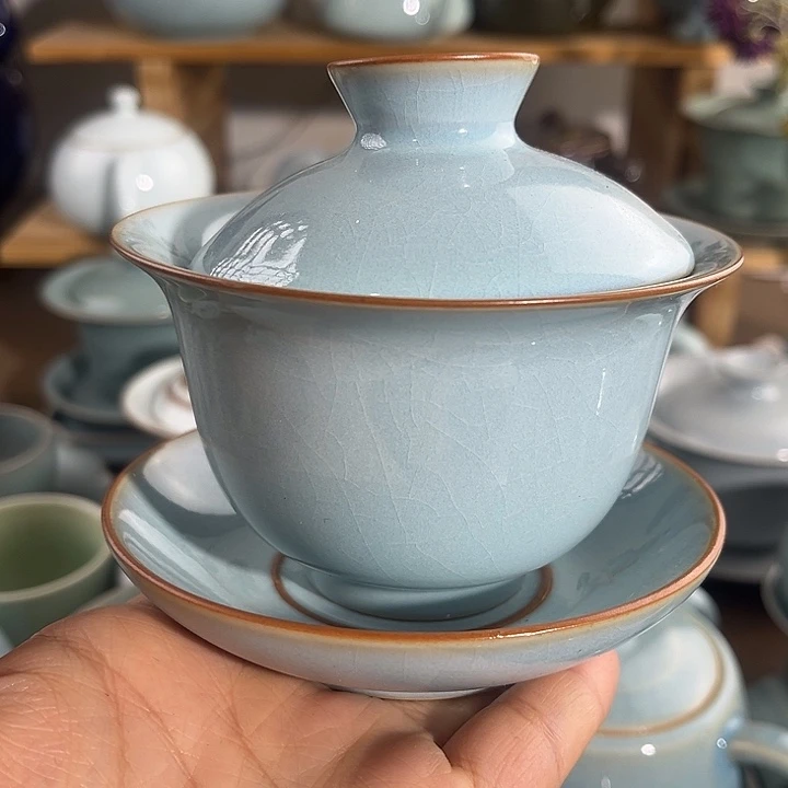 其他陶原矿原产地精品天青三才元宝盖碗