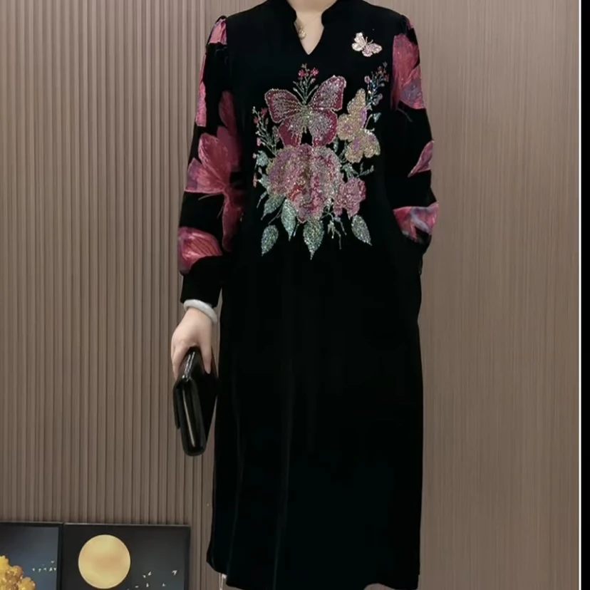 新款时尚妈妈装连衣裙丝绒彩钻大码百搭优雅显瘦中老年女装20款