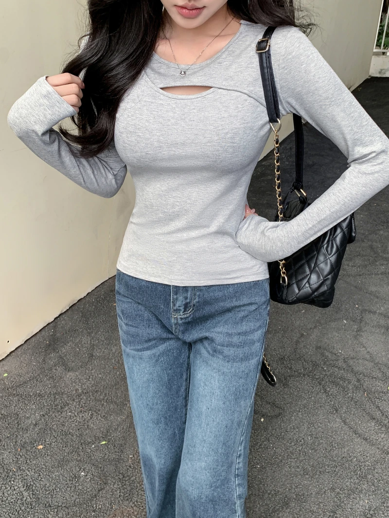 1082-2025早春打底衫女镂空设计感新款辣妹长袖t恤内搭上衣纯色
