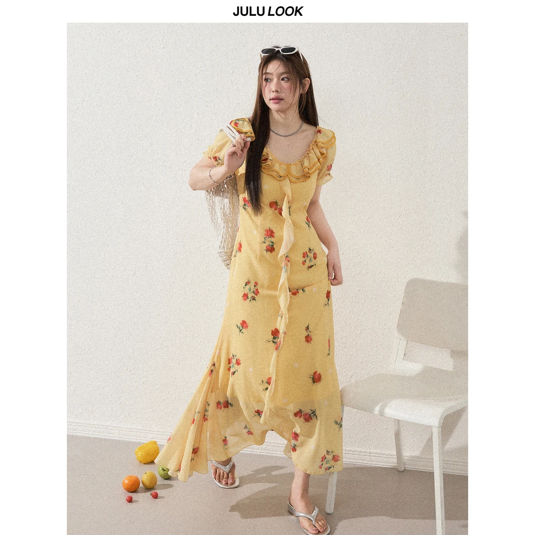 巨鹿工作室“热情桑巴”微胖mm法式玫瑰花边度假鱼尾裙大码连衣裙