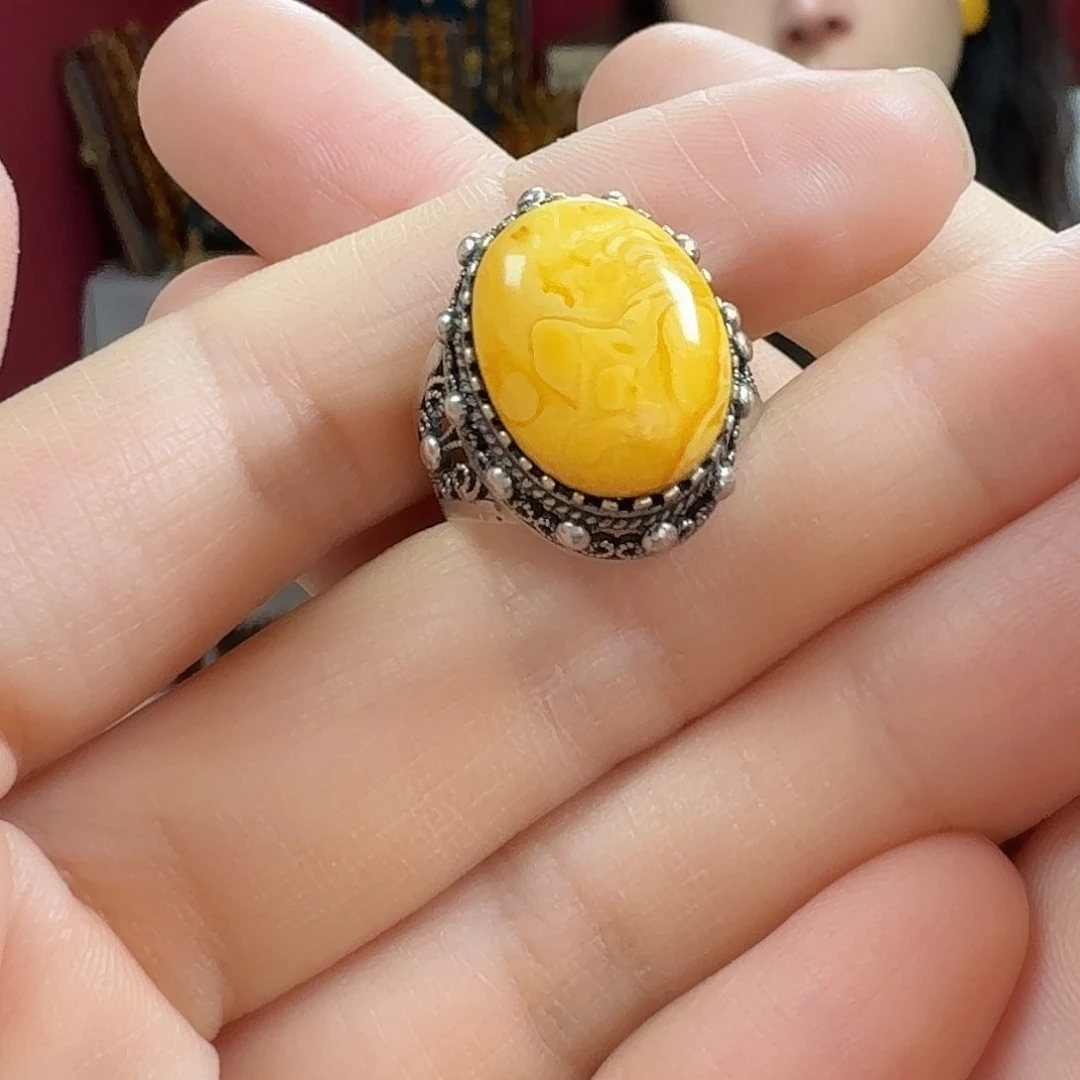 蜜蜡银S925镶嵌耳饰戒指
