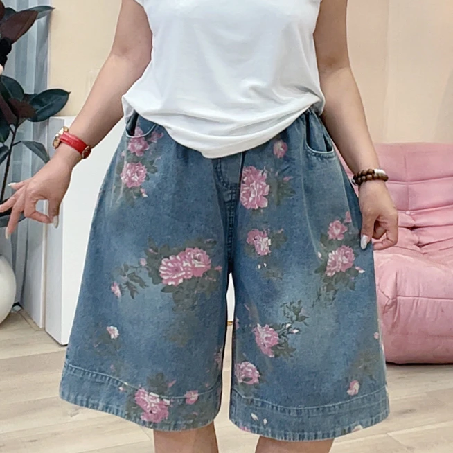 760粉色玫瑰花牛仔六分短裤女